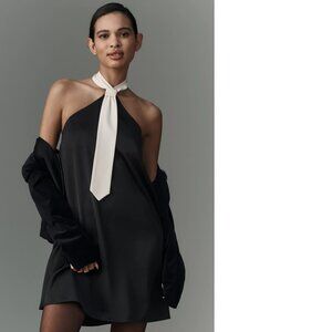 Elegant Black Halter Dress with Cream Tie